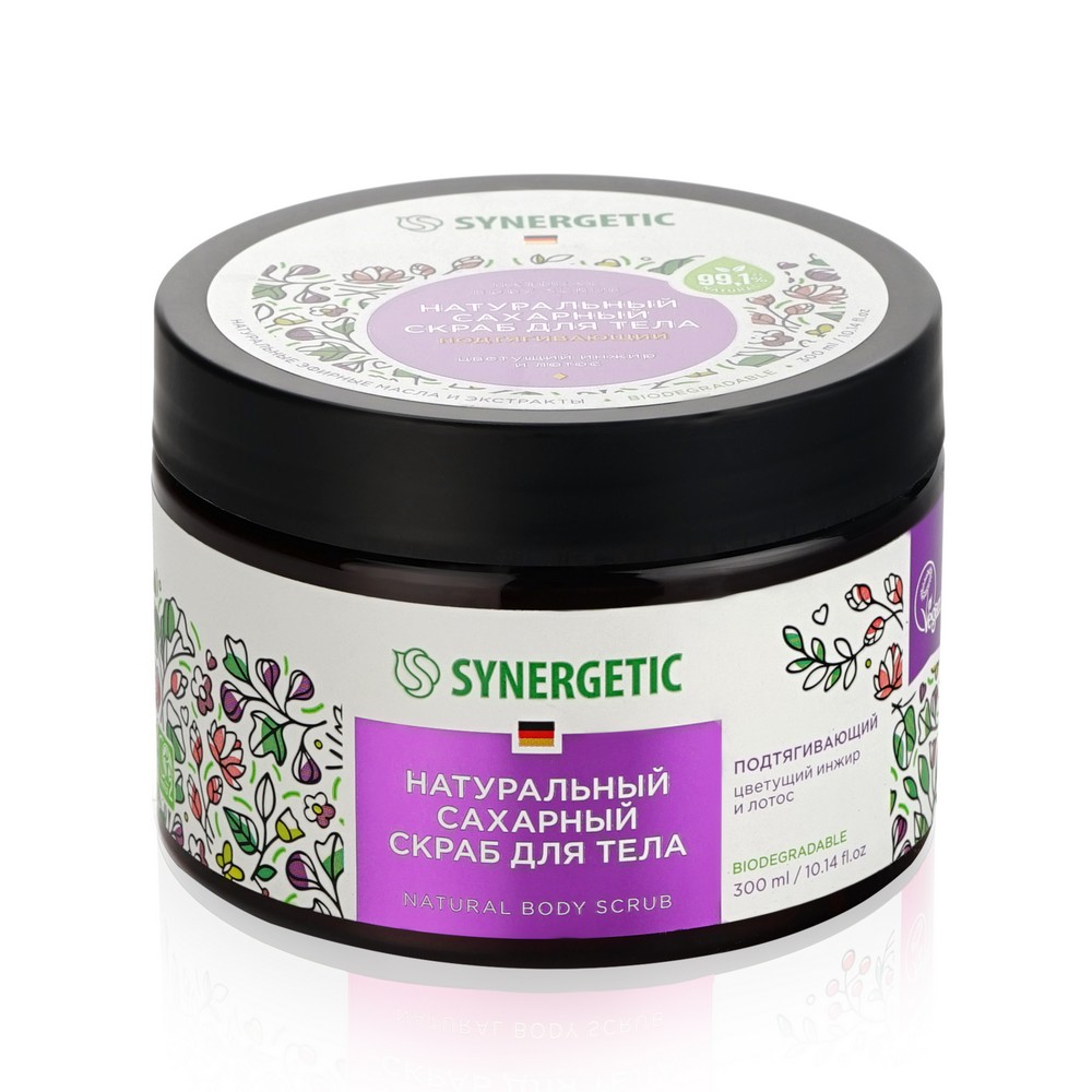Натуральный сахарный скраб для тела Synergetic " цветущий инжир и лотос " 300мл
