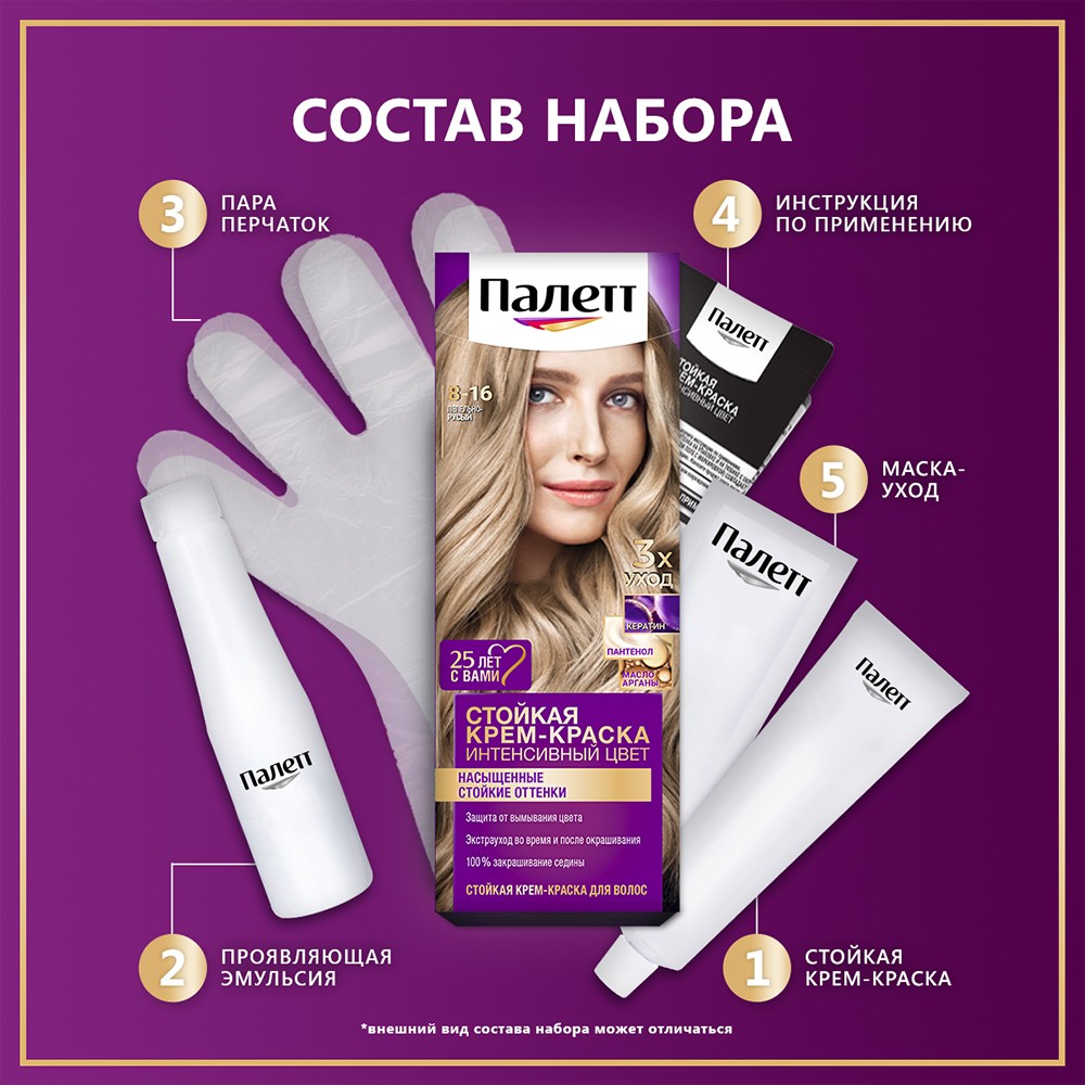 Стойкая крем - краска для волос Palette Интенсивный цвет 8-16 Пепельно-русый