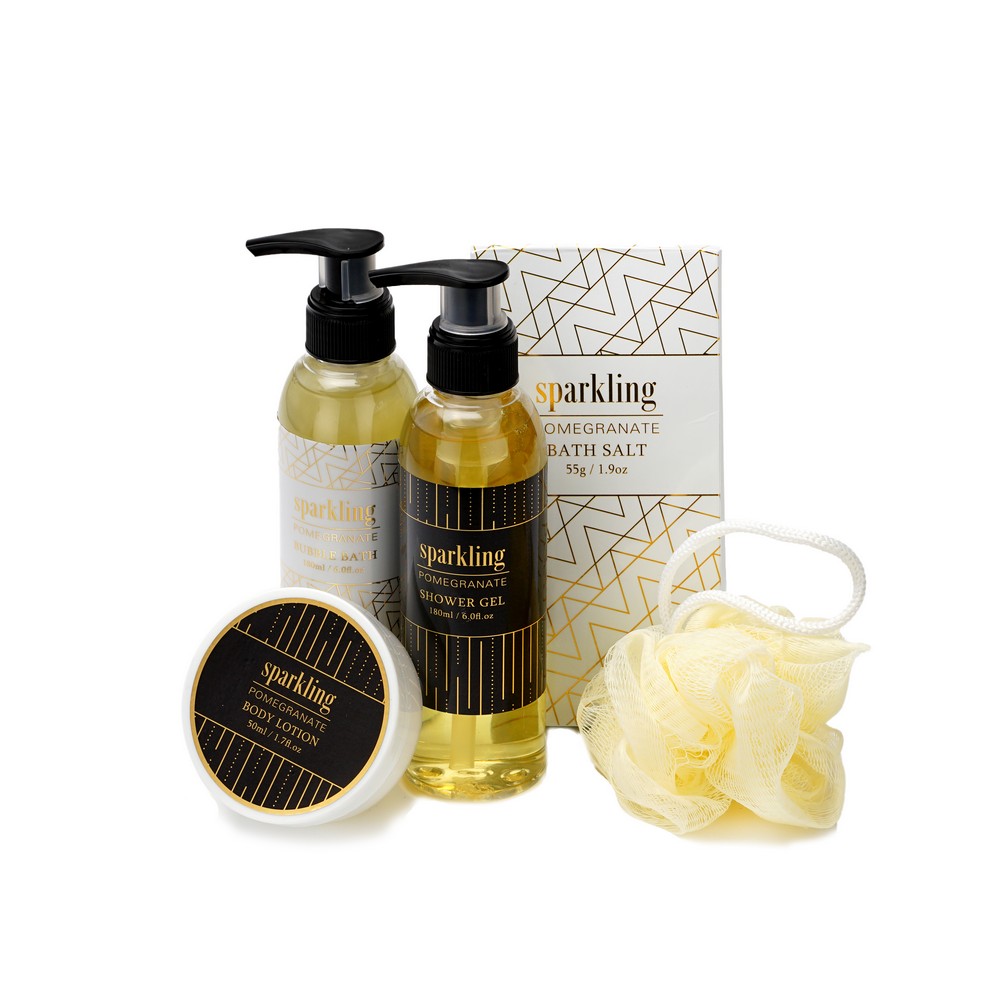Женский Подарочный набор " Sparkling " ( гель для душа 180мл + пена для ванн 180мл + лосьон для тела 50мл + соль для ванны 55г + мочалка )