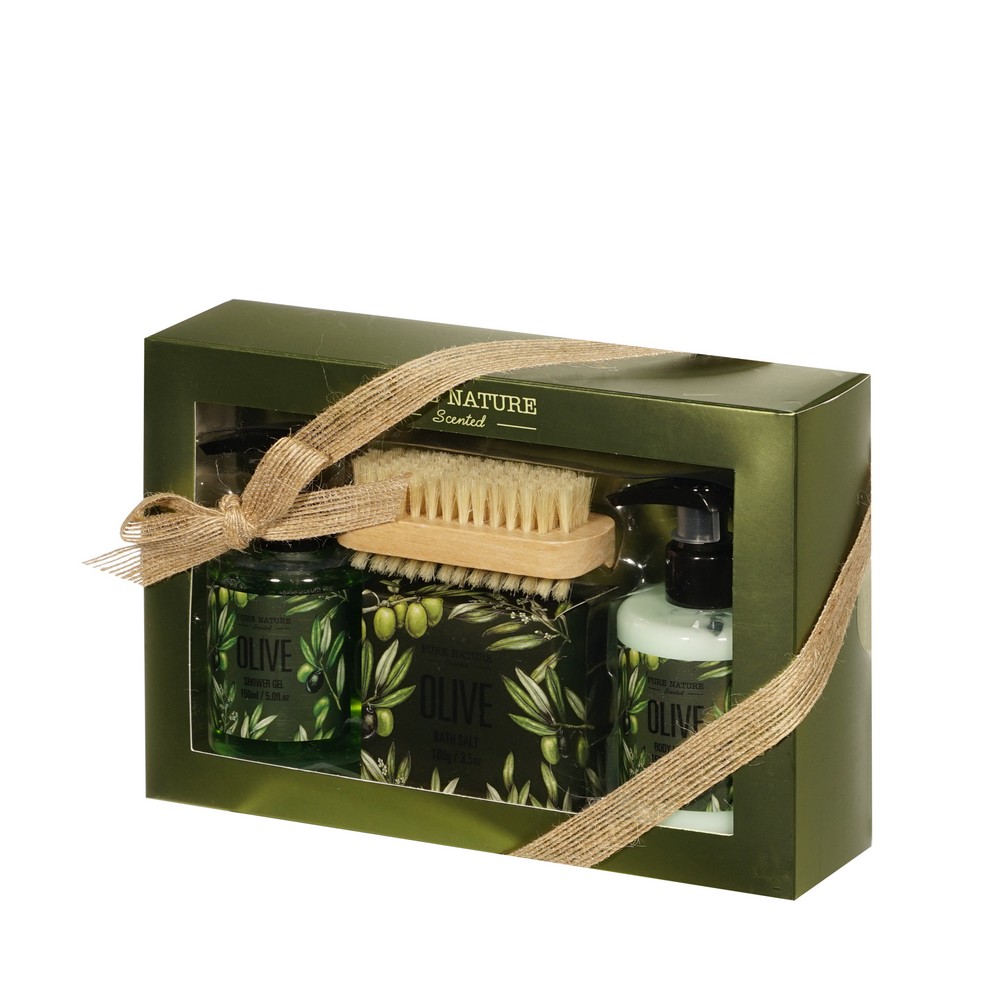 PURE NATURE Olive Набор подарочный женский гель 150мл, лосьон 150мл, соль 100 г, щетка для тела 1 шт