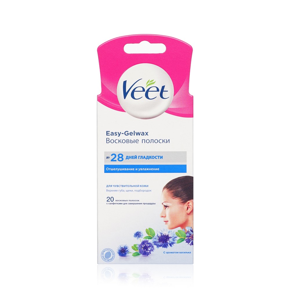 Восковые полоски для депиляции лица Veet Easy gel-wax для чувствительной кожи с ароматом василька 20шт