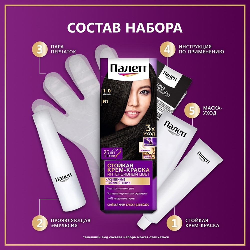 Крем - Краска Palette Интенсивный цвет стойкая для волос N1 Черный 50мл