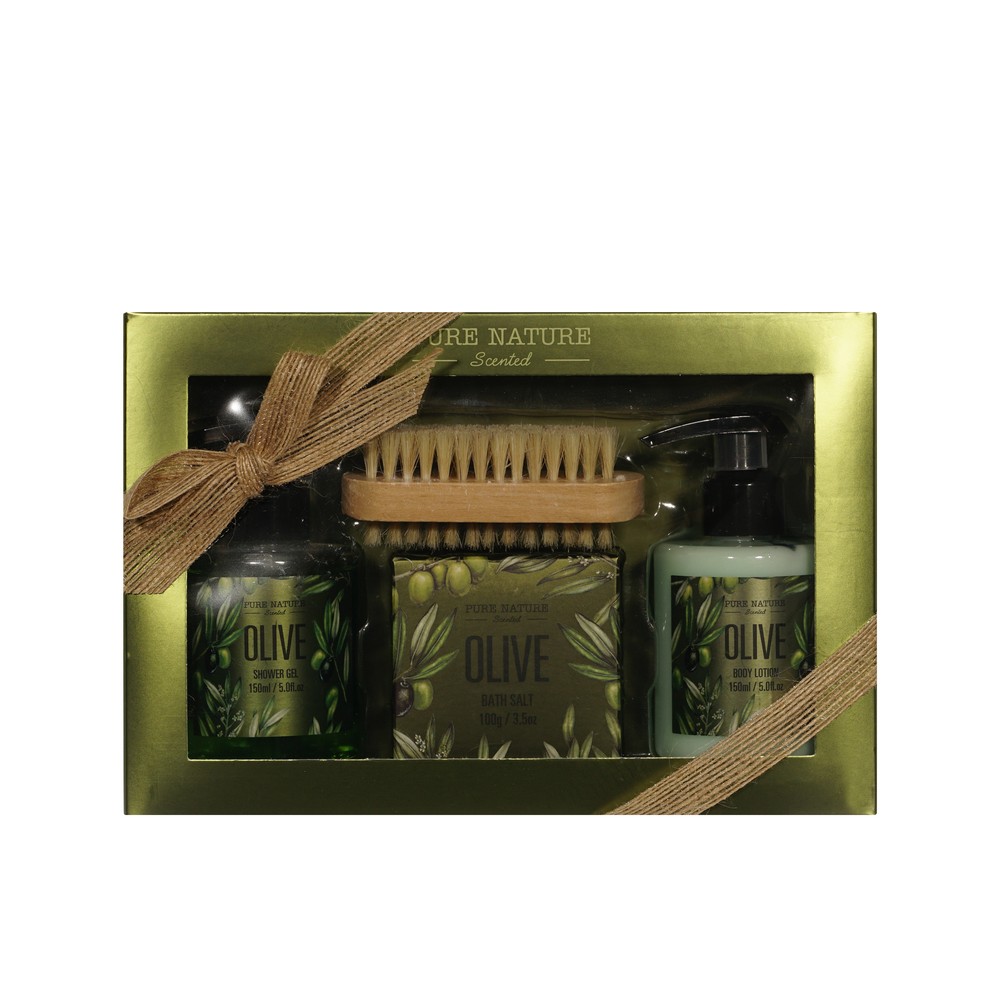 PURE NATURE Olive Набор подарочный женский гель 150мл, лосьон 150мл, соль 100 г, щетка для тела 1 шт