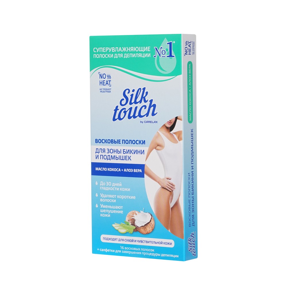 Восковые полоски для зоны бикини и подмышек Carelax Silk Touch с кокосовым маслом + алоэ вера 16шт