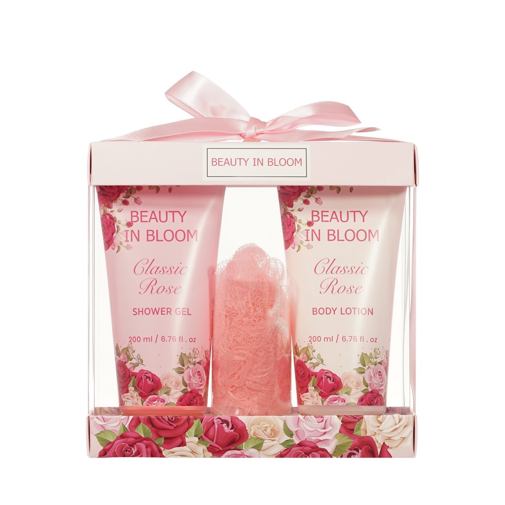 Женский подарочный набор Beauty In Bloom Classic Rose ( гель для душа 200мл + лосьон для тела 200мл + мочалка для тела ) в ассортименте